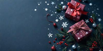 The primary subject of the image is a close-up of a Christmas tree with ornaments and presents. The setting is a dark background, which contrasts with the bright colors of the tree and ornaments. The visual style is a combination of photo and digital art, creating a festive and holiday atmosphere. The dominant colors are red, white, and green, which are associated with Christmas.