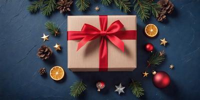 The primary subject of the image is a red bowed gift box, which is placed on a blue surface. The setting includes a Christmas tree and oranges, creating a festive and warm atmosphere. The visual style is a combination of photo and digital art, with the gift box being a real object and the oranges and tree being digitally rendered. The colors and mood of the image are predominantly red and green, reflecting the holiday season and evoking feelings of joy and celebration.