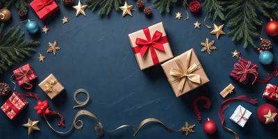 The primary subject of the image is a pair of red and gold wrapped presents. The presents are placed on a blue surface, which serves as the setting or background. The visual style of the image is a combination of photo and digital art, creating a festive and holiday-themed atmosphere. The dominant colors in the image are red and gold, which are associated with celebration and joy.