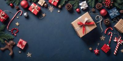 The primary subject of the image is a brown box with a red bow, placed on a blue surface. The setting is a Christmas-themed background, featuring a tree and other decorations. The visual style is a combination of photo and digital art, creating a festive and warm atmosphere.