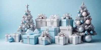 The primary subject of the image is a collection of wrapped Christmas presents. The setting is a blue background, which adds a festive touch to the scene. The visual style is a combination of photo and digital art, creating a realistic yet artistic representation of the presents. The colors and mood are predominantly blue and white, giving the image a calm and festive atmosphere.