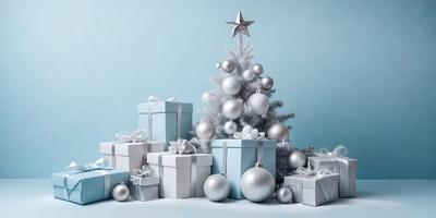 The primary subject of the image is a Christmas tree, which is adorned with silver ornaments and a star on top. The tree is placed in front of a blue background, creating a festive and holiday atmosphere. The visual style of the image is a combination of photo and digital art, as it appears to be a real tree with ornaments, yet the overall composition and color scheme give it a digital art appearance. The colors and mood of the image are predominantly silver and blue, which are often associated with the hol