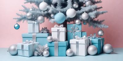 The primary subject of the image is a collection of wrapped presents, which are blue in color. The presents are placed in front of a Christmas tree, creating a festive and holiday atmosphere. The setting is indoors, with the tree and presents arranged on a table. The visual style of the image is a combination of photo and digital art, as it appears to be a well-composed and detailed photograph. The colors and mood of the image are predominantly blue, which adds to the holiday theme and creates a sense