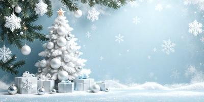 The primary subject of the image is a white Christmas tree with ornaments and a star on top. The tree is surrounded by snow, creating a festive and cold atmosphere. The setting is a snowy environment, with a blue background that adds to the wintry ambiance. The visual style is a combination of photo and digital art, creating a realistic yet artistic representation of the Christmas tree. The colors and mood are predominantly white and cold, reflecting the winter season and the holiday spirit.
