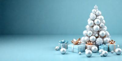 The primary subject of the image is a Christmas tree, which is adorned with ornaments and presents. The tree is placed on a blue surface, which serves as the setting or background. The visual style of the image is a combination of photo and digital art, creating a festive and holiday atmosphere. The dominant colors in the image are blue and white, which are associated with the Christmas season.