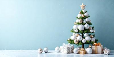 The primary subject of the image is a Christmas tree, which is adorned with white ornaments and gold stars. The tree is placed on a table, and it is surrounded by various presents. The setting is a festive indoor environment, likely a living room or a similar space. The visual style of the image is a combination of photo and digital art, creating a realistic yet decorated appearance. The colors and mood of the image are predominantly white and gold, giving it a warm and celebratory atmosphere.