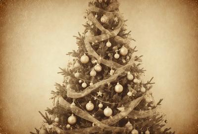 The primary subject of the image is a Christmas tree, which is adorned with ornaments and lights. The setting is a room with a white background, and the visual style is a vintage, sepia-toned photograph. The colors and mood of the image are warm and festive, with the tree being the main focus and the ornaments adding to the holiday atmosphere.
