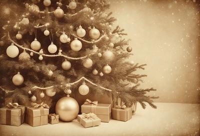 The primary subject of the image is a Christmas tree, which is adorned with various ornaments and presents. The setting is a room with a white background, and the visual style is a vintage, sepia-toned photograph. The colors and mood of the image are warm and festive, with the gold ornaments and presents adding a touch of elegance to the scene.