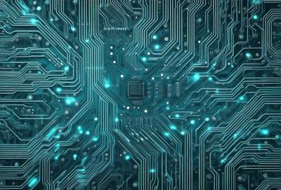 The primary subject of the image is a close-up of a computer circuit board. The setting is a computer circuit board, and the visual style is a digital art or illustration. The dominant colors are blue and green, creating a calm and soothing atmosphere.