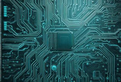 The primary subject of the image is a close-up of a computer circuit board. The setting is a computer circuit board, and the visual style is a photo. The dominant colors are blue and green, creating a calm and focused atmosphere.