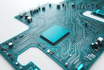 The primary subject of the image is a computer circuit board with a blue square in the center. The setting is a white background, and the visual style is a close-up of the circuit board. The colors and mood of the image are predominantly blue, giving it a calm and focused atmosphere.