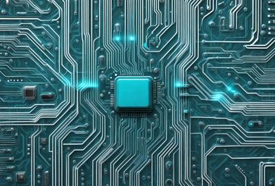 The primary subject of the image is a computer chip with a blue square on it. The setting is a computer circuit board, and the visual style is a close-up of the chip. The colors and mood of the image are predominantly blue, giving it a calm and focused atmosphere.