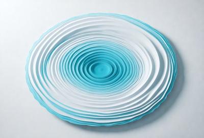 The primary subject of the image is a blue and white plate with a swirl pattern. The plate is placed on a white surface, which serves as the setting or background. The visual style of the image is a combination of photo and digital art, creating a unique and eye-catching design. The dominant colors in the image are blue and white, giving it a clean and modern appearance.