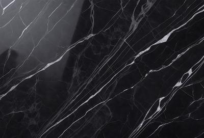 The primary subject of the image is a marble countertop with a black and white pattern. The setting is a kitchen, and the visual style is a photo. The countertop has a black and white marble pattern, and the overall atmosphere is elegant and sophisticated.