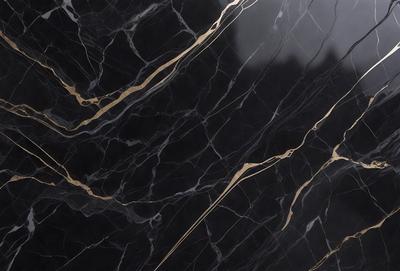 The primary subject of the image is a marble countertop with a gold-colored design. The setting is a kitchen, and the visual style is a close-up of the marble countertop. The colors and mood of the image are predominantly black and gold, giving it a luxurious and elegant appearance.