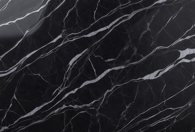 The primary subject of the image is a marble countertop with a black and white pattern. The setting is a kitchen, and the visual style is a close-up of the marble countertop. The colors and mood of the image are predominantly black and white, giving it a classic and elegant appearance.