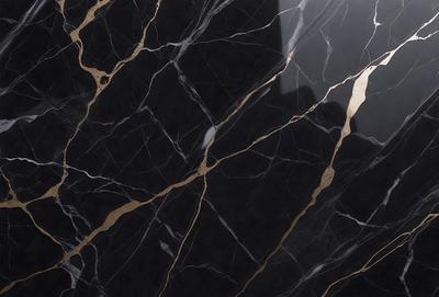 The primary subject of the image is a marble countertop with a gold-colored pattern. The setting is a kitchen, and the visual style is a close-up of the marble countertop. The colors and mood of the image are predominantly black and gold, giving it a luxurious and elegant appearance.