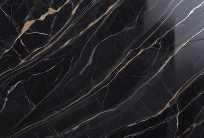 The primary subject of the image is a marble countertop with a gold-colored design. The setting is a kitchen, and the visual style is a close-up of the marble countertop. The colors and mood of the image are predominantly black and gold, giving it a luxurious and elegant appearance.