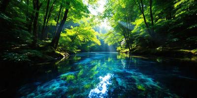 The primary subject of the image is a serene forest scene with a river flowing through it. The river is surrounded by lush green trees, creating a peaceful and natural atmosphere. The setting is a forest, with the sunlight shining through the trees, illuminating the area. The visual style of the image is a photo, capturing the beauty of the forest and the river. The colors and mood of the image are predominantly green, with the sunlight adding a warm and inviting touch to the scene.