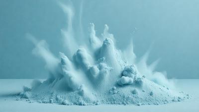 The primary subject of the image is a large pile of blue powder, which appears to be a mix of snow and ice. The setting is a white background, which provides a clean and uncluttered environment for the powder to be the main focus. The visual style of the image is a combination of photo and digital art, creating a unique and eye-catching representation of the powder. The dominant colors in the image are blue and white, giving the scene a cool and refreshing atmosphere.