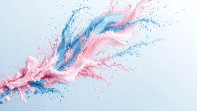 The primary subject of the image is a painting of a pink and blue wave. The setting is a blue background, and the visual style appears to be a digital art or illustration. The dominant colors in the painting are pink and blue, creating a calming and serene atmosphere.