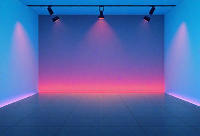 The primary subject of the image is a large, empty room with a blue wall. The room is illuminated by a series of lights, creating a bright and inviting atmosphere. The setting appears to be a modern, minimalist space, possibly a gallery or an art installation. The visual style of the image is a combination of digital art and photography, with the lights and the blue wall creating a striking contrast. The colors and mood of the image are predominantly blue and pink, giving the space a vibrant and