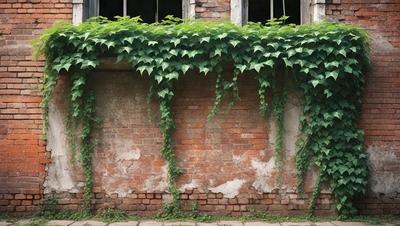 Primary subject: A brick wall with ivy growing on it.

Setting/background: The brick wall is located next to a building, and there are some windows visible in the background.

Visual style: The image is a photo of the brick wall with ivy growing on it.

Colors and mood: The brick wall has a red color, and the ivy growing on it adds a touch of greenery and life to the scene. The overall atmosphere is natural and serene.