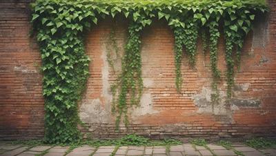 Primary subject: A brick wall with ivy growing on it.

Setting/background: The brick wall is located in a courtyard.

Visual style: The image is a photo.

Colors and mood: The brick wall is brown, and the ivy growing on it is green, creating a natural and earthy atmosphere.