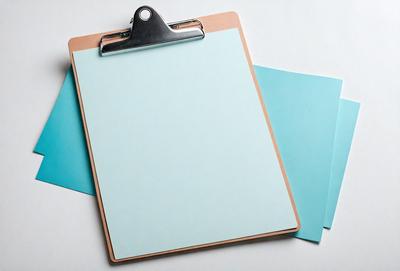 The primary subject of the image is a clipboard with a blue sheet of paper on it. The clipboard is attached to a metal clip, which is holding the paper in place. The setting is a white surface, and the visual style is a photo. The dominant colors in the image are blue and white, creating a calm and organized atmosphere.