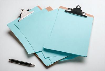 The primary subject of the image is a stack of three blue notebooks. The setting is a white table, and the visual style is a photo. The colors and mood of the image are predominantly blue, creating a calm and organized atmosphere.