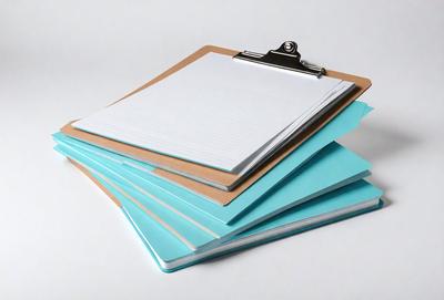The primary subject of the image is a stack of three notebooks, each with a clipboard attached to the top. The notebooks are blue and white, and they are placed on a white surface. The visual style of the image is a photo, and the colors and mood are predominantly white and neutral.