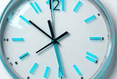 The primary subject of the image is a clock with blue and white colors. The clock is set against a white background, giving it a clean and modern appearance. The visual style of the image is a digital art or illustration, as it features a detailed and well-designed clock. The colors and mood of the image are predominantly blue and white, creating a calm and soothing atmosphere.