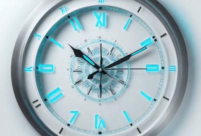 The primary subject of the image is a clock with a blue face and a white background. The clock is prominently displayed, and its face is illuminated with a blue glow. The setting appears to be a white surface, possibly a wall or a table. The visual style of the image is a combination of a photo and digital art, creating a unique and eye-catching design. The colors and mood of the image are predominantly blue and white, giving it a clean and modern appearance.