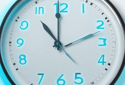 The primary subject of the image is a clock with blue numbers. The clock is set against a white background, giving it a clean and modern appearance. The visual style of the image is a close-up of the clock face, emphasizing the details of the timepiece. The colors and mood of the image are predominantly blue, creating a calm and soothing atmosphere.