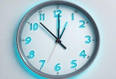 The primary subject of the image is a clock with blue numbers and a red hand. The clock is prominently displayed in the foreground, and the setting is a white background. The visual style is a close-up of the clock, and the colors and mood are predominantly blue and white, giving the image a clean and modern appearance.