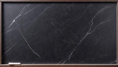 The primary subject of the image is a marble-textured surface, which appears to be a black marble countertop. The setting is a room with a wooden frame surrounding the countertop. The visual style is a close-up of the marble surface, showcasing its texture and details. The colors and mood of the image are predominantly dark, with the black marble countertop being the main focal point.