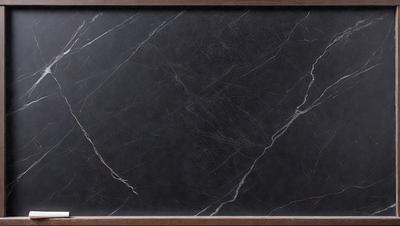 The primary subject of the image is a marble-textured surface, which appears to be a black marble countertop. The setting is a room with a wooden frame surrounding the countertop. The visual style is a close-up of the marble surface, showcasing its texture and details. The colors and mood of the image are predominantly dark, with the black marble countertop being the main focal point.