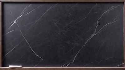 The primary subject of the image is a marble-textured surface, which appears to be a black marble countertop. The setting is a room with a wooden frame surrounding the countertop. The visual style is a close-up of the marble surface, showcasing its texture and details. The colors and mood of the image are predominantly dark, with the black marble countertop being the main focal point.