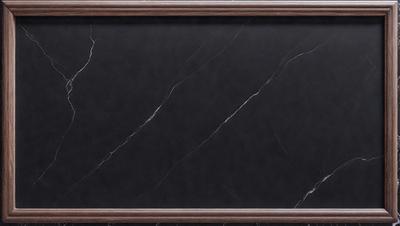 The primary subject of the image is a black marble table. The setting is a room with a wooden frame surrounding the table. The visual style is a close-up of the marble table, showcasing its texture and details. The colors and mood of the image are dark and dramatic, emphasizing the contrast between the black marble and the wooden frame.