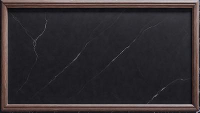 The primary subject of the image is a marble-textured surface, which appears to be a black marble countertop. The setting is a room with a wooden frame surrounding the countertop. The visual style is a close-up of the marble surface, showcasing its texture and details. The colors and mood of the image are predominantly dark, with the black marble countertop being the main focal point.