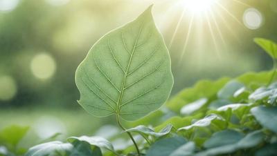 The primary subject of the image is a leaf, which is the main object, scene, or focus of the image. The leaf is green and is situated in a grassy area, which serves as the setting or background. The visual style of the image is a photo, capturing the leaf in its natural environment. The colors and mood of the image are predominantly green, creating a serene and natural atmosphere.