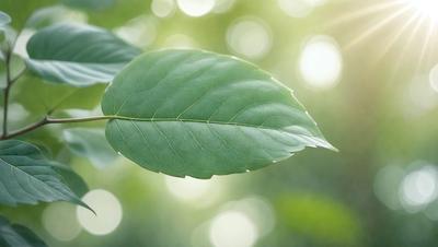 The primary subject of the image is a leaf, which is the main object, scene, or focus of the image. The leaf is green and is placed on a tree branch. The setting/background consists of a forest, which is visible in the image. The visual style of the image is a photo, capturing the natural beauty of the leaf and its surroundings. The colors and mood of the image are predominantly green, creating a serene and natural atmosphere.