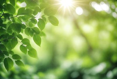 The primary subject of the image is a leafy green tree with sunlight shining through its branches. The setting is a lush green forest, and the visual style is a photo of the tree in its natural environment. The colors and mood of the image are vibrant and serene, with the sunlight creating a warm and inviting atmosphere.