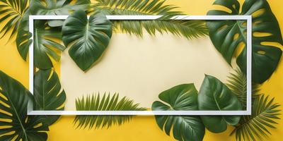 The primary subject of the image is a large green palm leaf. The setting is a yellow wall, and the visual style appears to be a photo. The dominant colors are green and yellow, creating a warm and tropical atmosphere.