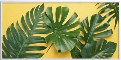 The primary subject of the image is a large green leaf, which is the main focus of the scene. The leaf is placed on a yellow background, creating a vibrant contrast between the green and yellow colors. The visual style of the image is a close-up of the leaf, showcasing its intricate details. The overall atmosphere of the image is lively and fresh, with the green leaf serving as a symbol of nature and growth.