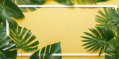 The primary subject of the image is a yellow background with green leaves. The setting is a tropical environment, with the leaves covering the background. The visual style is a combination of a photo and a digital art, illustration, or drawing. The colors are predominantly yellow and green, creating a warm and lively atmosphere.