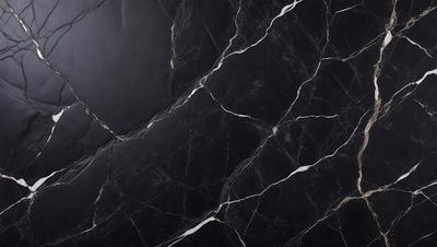 The primary subject of the image is a black marble countertop with white veins. The setting is a kitchen, and the visual style is a close-up of the marble countertop. The colors and mood of the image are predominantly black and white, giving it a classic and elegant appearance.