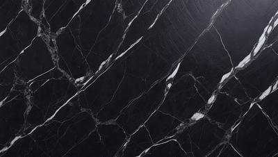 The primary subject of the image is a marble countertop with a black and white pattern. The setting is a kitchen, and the visual style is a close-up of the marble countertop. The colors and mood of the image are predominantly black and white, giving it a classic and elegant appearance.