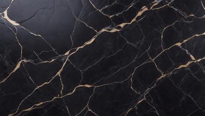 The primary subject of the image is a black marble countertop with gold veins. The setting is a kitchen, and the visual style is a close-up of the marble countertop. The dominant colors are black and gold, creating a luxurious and elegant atmosphere.