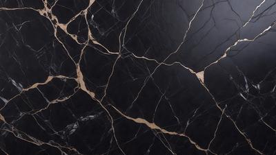 The primary subject of the image is a black marble countertop with a gold pattern. The setting is a kitchen, and the visual style is a close-up of the marble countertop. The dominant colors are black and gold, creating a luxurious and elegant atmosphere.